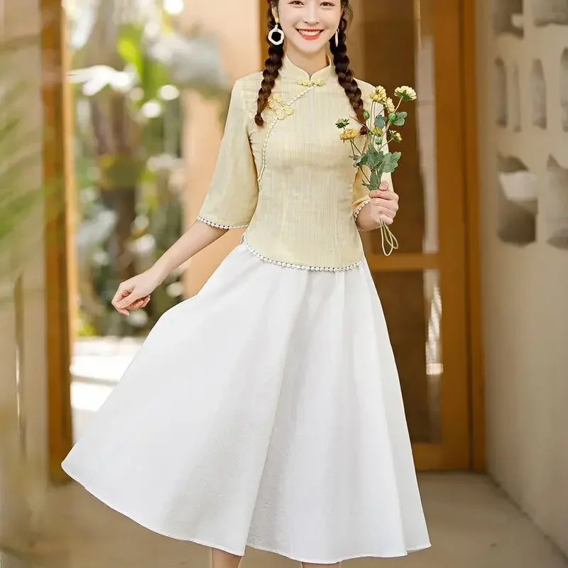

Chinese Dress Cheongsam Chinese Style Qipao Fashion Casual Vintage Elegant Ethnic Style Streetwear 2 Piece Sets Women Clothing