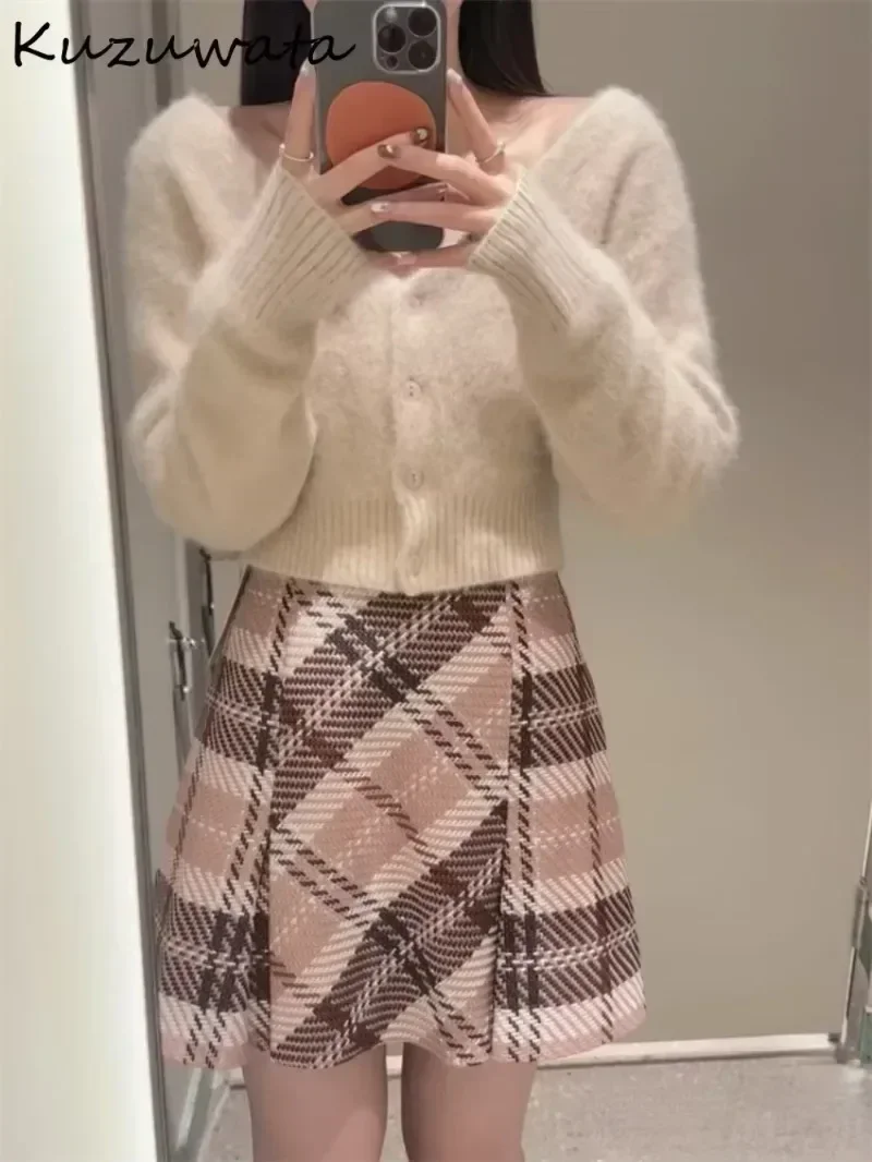 Kuzuwata New Vintage A-line Ruched Plaid Skirt High Waist All-match Wool Tweed Falda Japan Slim Minority Office Lady Mujer Falda