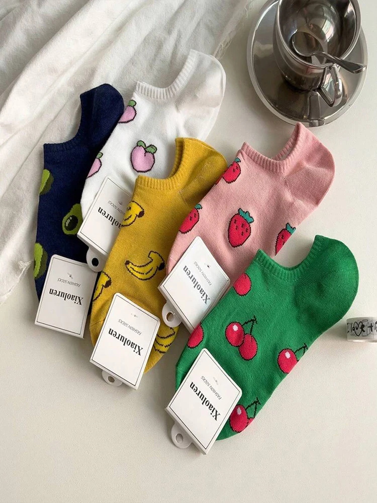 5 Pairs Cute Fruit Women Boat Socks Trendy Versatile Cartoon Socks Breathable Sweat Absorbing Casual Socks (Randomly Packaged)﻿﻿