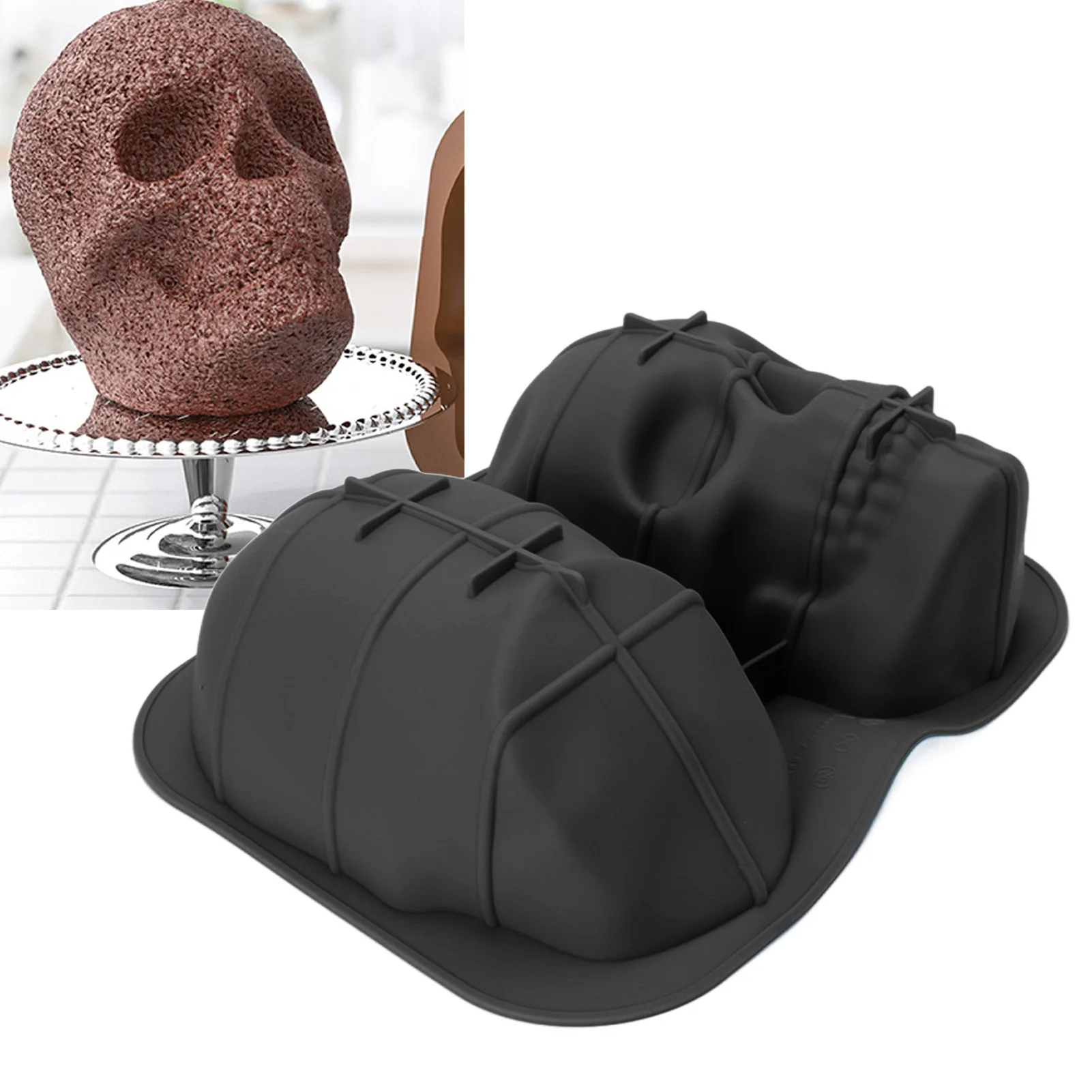 Molde para hornear con cabeza de calavera ZK40, molde de silicona suave con cabeza de esqueleto de Halloween para pastel, galleta, Chocolate, caramelo, hielo, negro