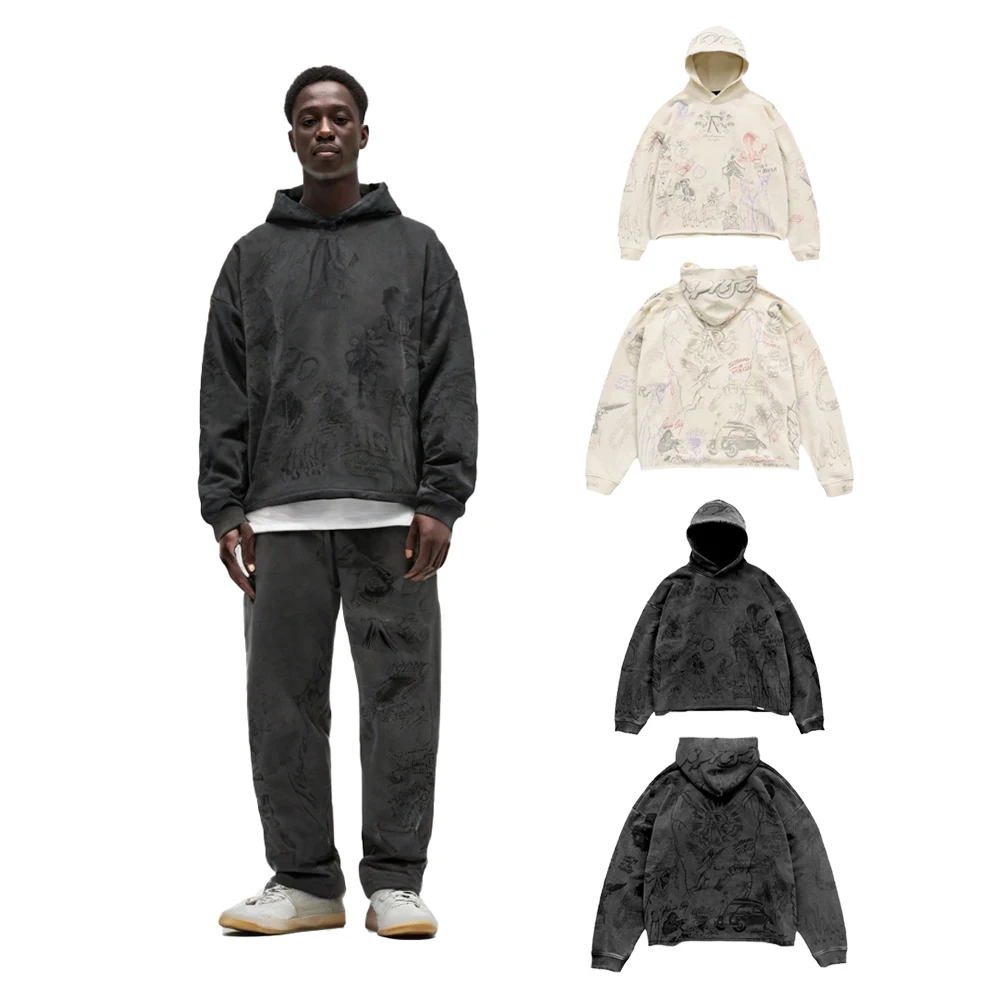 

Y2K urban style hoodie with graffiti print, men's casual cotton distressed print sweatshirt
