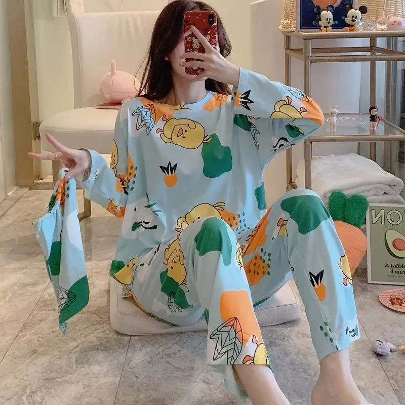 Women's Sleepwear and Home Wear Set, Spring and Autumn Long Sleeved Top, Long Pants, Cartoon Loose and Soft Casual Home Wear Set 3