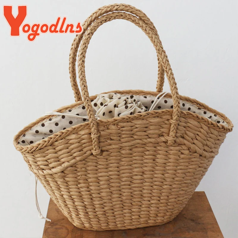 Summer New Straw Bag Women Woven Rattan Handbag Drawstring Handle Bag Large Capacity Hollow Tote Bag Shopping Basket Ba