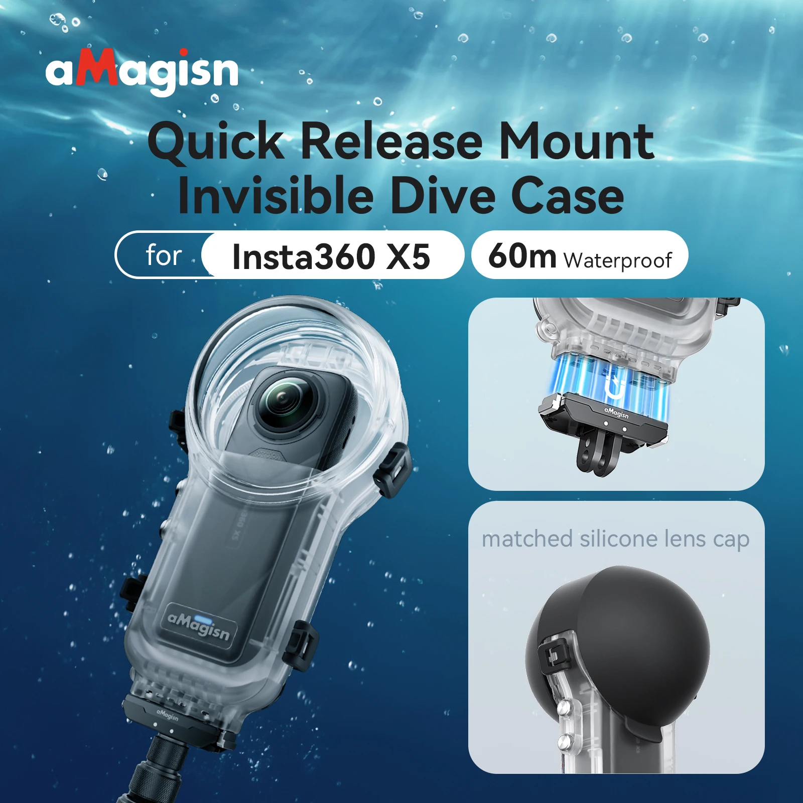 Insta360 X5用 aMagisn 60m/197ftダイビングハウジング、曇りのない水中ケース、Insta 360 X5アクセサリー用の目に見えない防水シェル