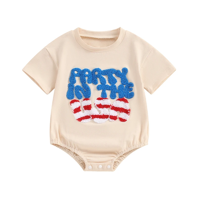 

4th of July Baby Boy Girl Outfit Cute USA Embroidery Letters Bubble Romper Toddler Bodysuit Fourth of July Clothes