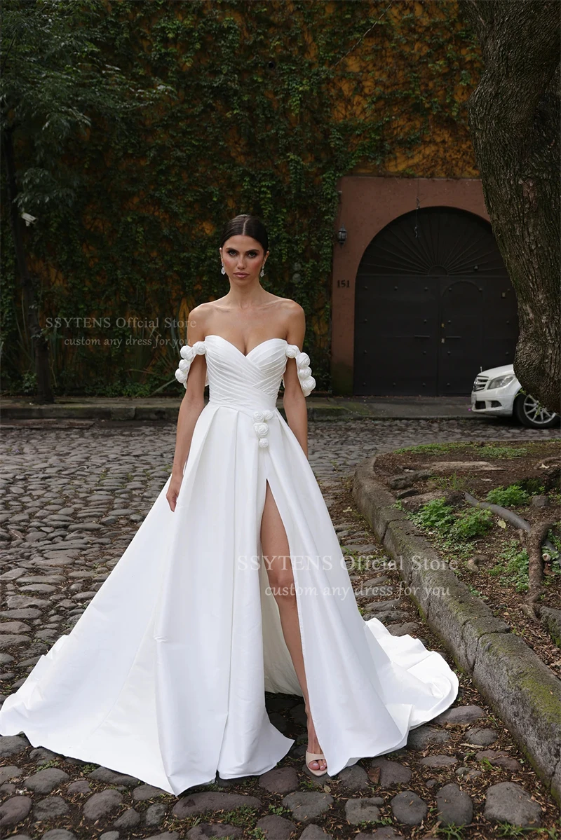 SSYTENS New Satin Wedding Dress for Woman Flowers Vestido De Noiva Robe De Soiree Bride Simple Off-shoulder Vestidos De Fiesta