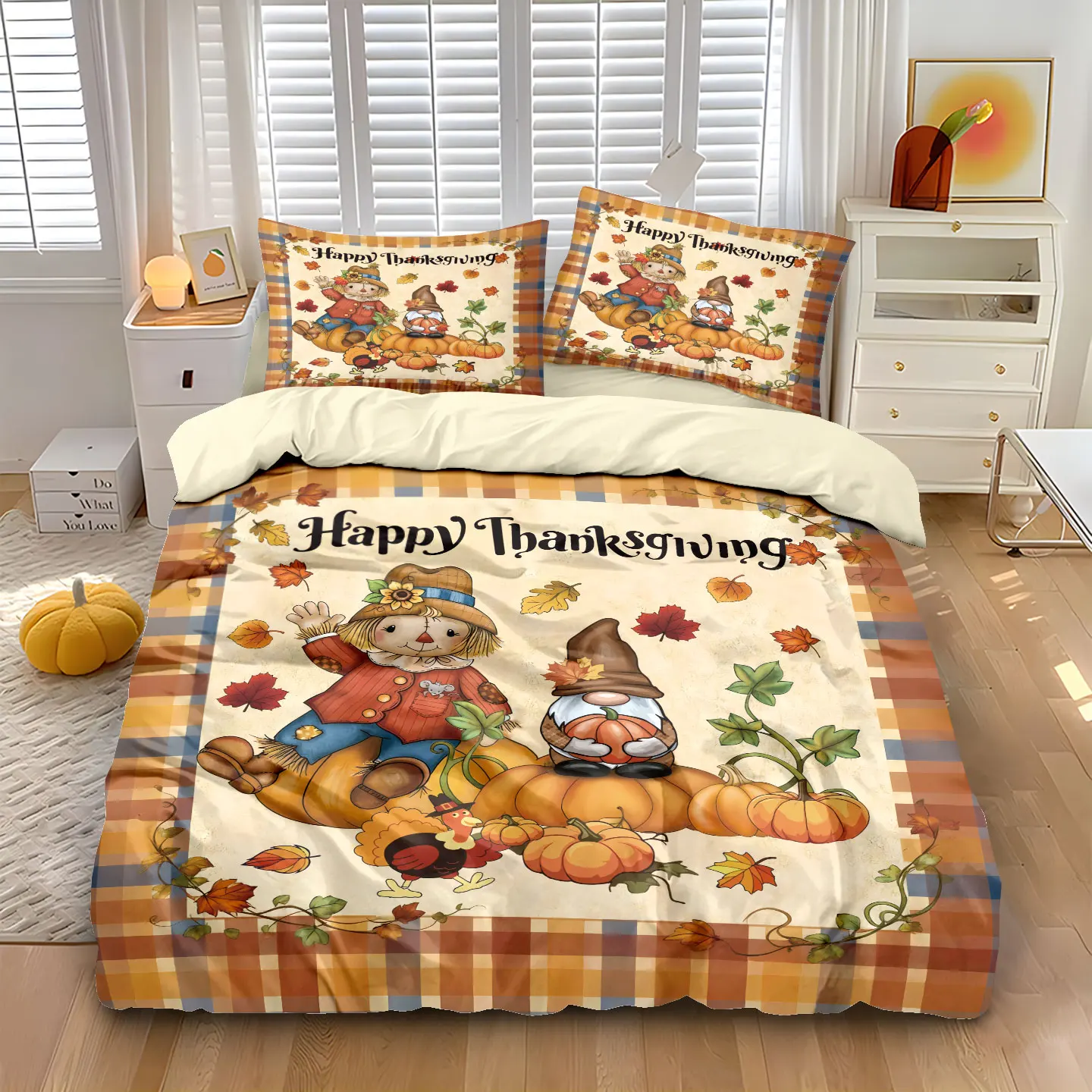3pcs Thanksgiving Autumn Harvest Pumpkin Printed coreless Bedding Set Multi Size Bedrooms Dormitory Comfortable Machine Washable