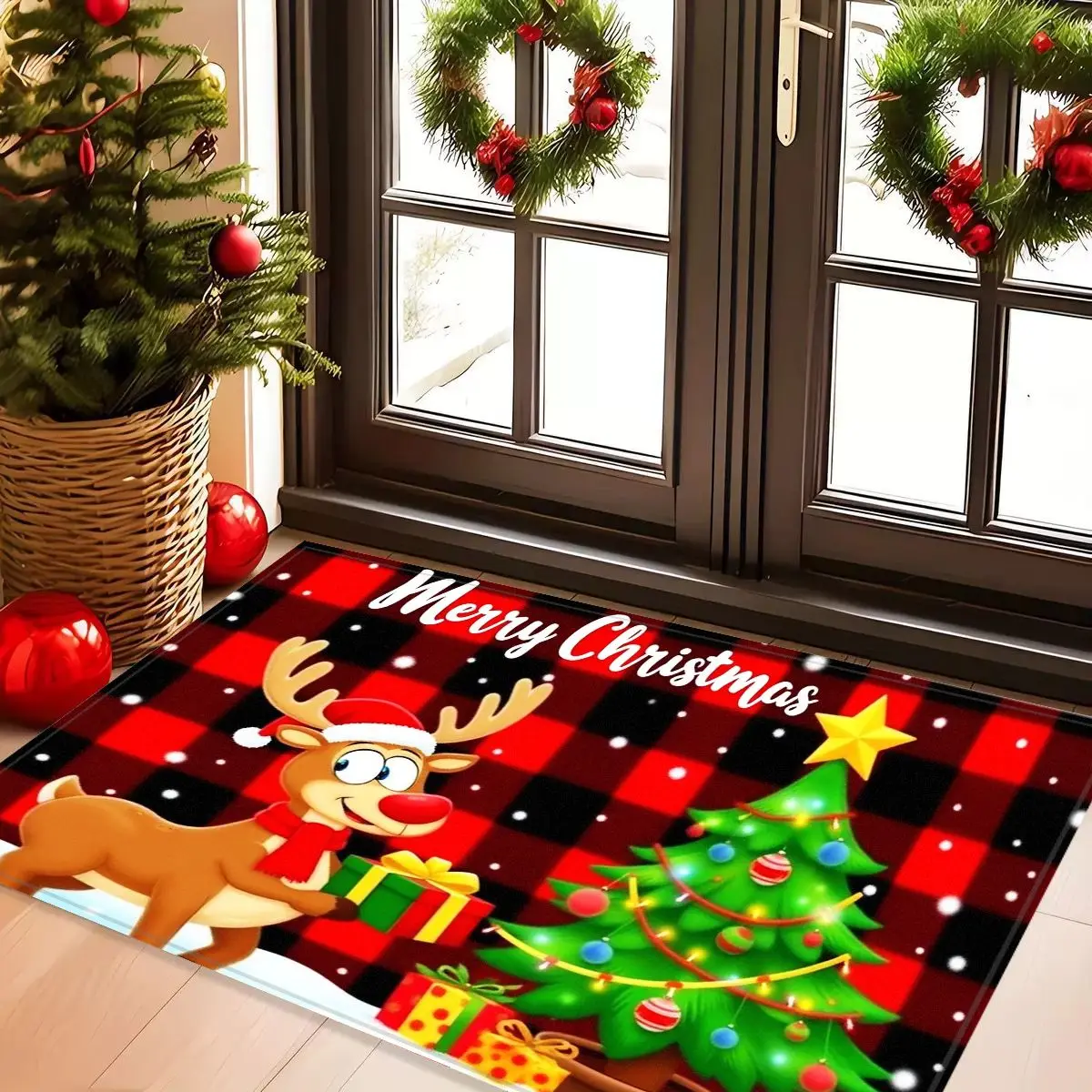 

VIKAMA Christmas Reindeer Gift-Carrying Rug Bedroom, Living Room, Hallway Entrance Door Mat Soft and Comfortable Rug Home Decor