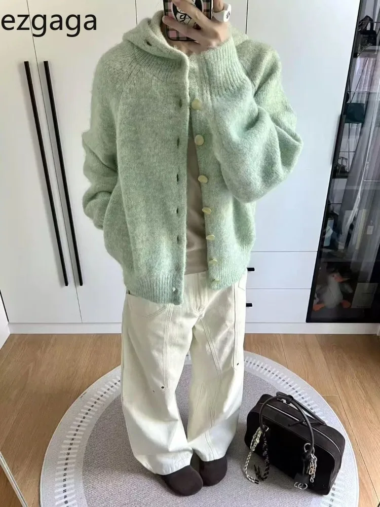 

Ezgaga вязаный кардиган женский элегантный с капюшоном 2300 осень-зима свободная однотонная верхняя одежда однобортный свитер женский повседневный