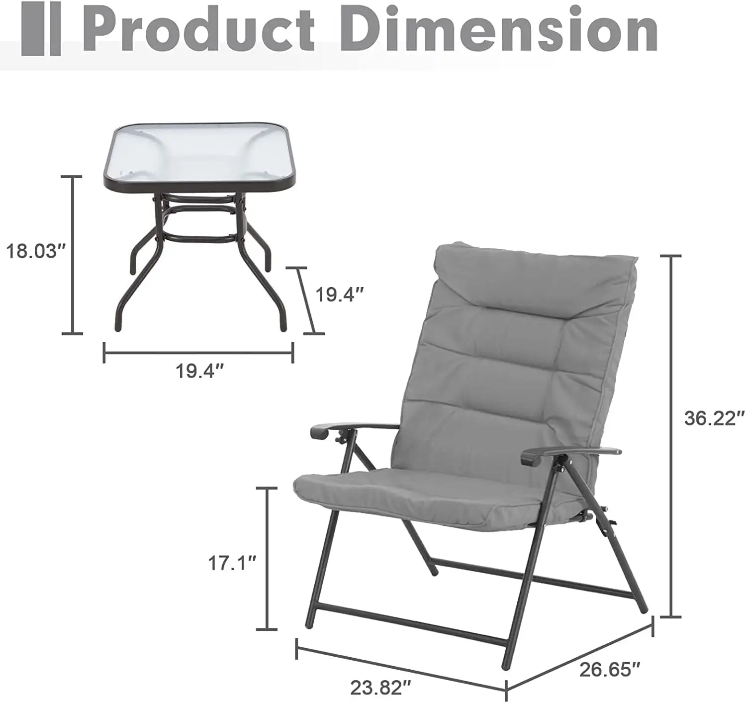 Ajustável Reclinável Bistro Set, Cadeira Dobrável, Mobília ao ar livre, Almofadas Cinza Clássico, Steel Frame, Coffee Table, 3 Pcs