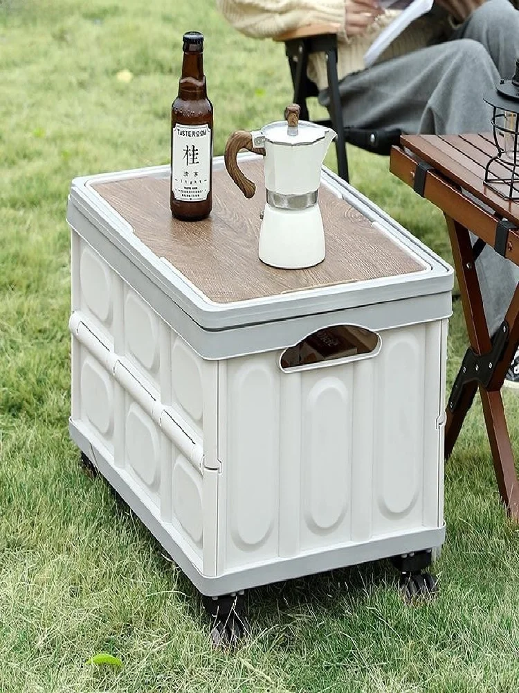 صندوق تخزين للتخييم في الهواء الطلق، عربة متنقلة قابلة للطي لتنظيم صندوق السيارة، صندوق نزهات من البلاستيك مع رف