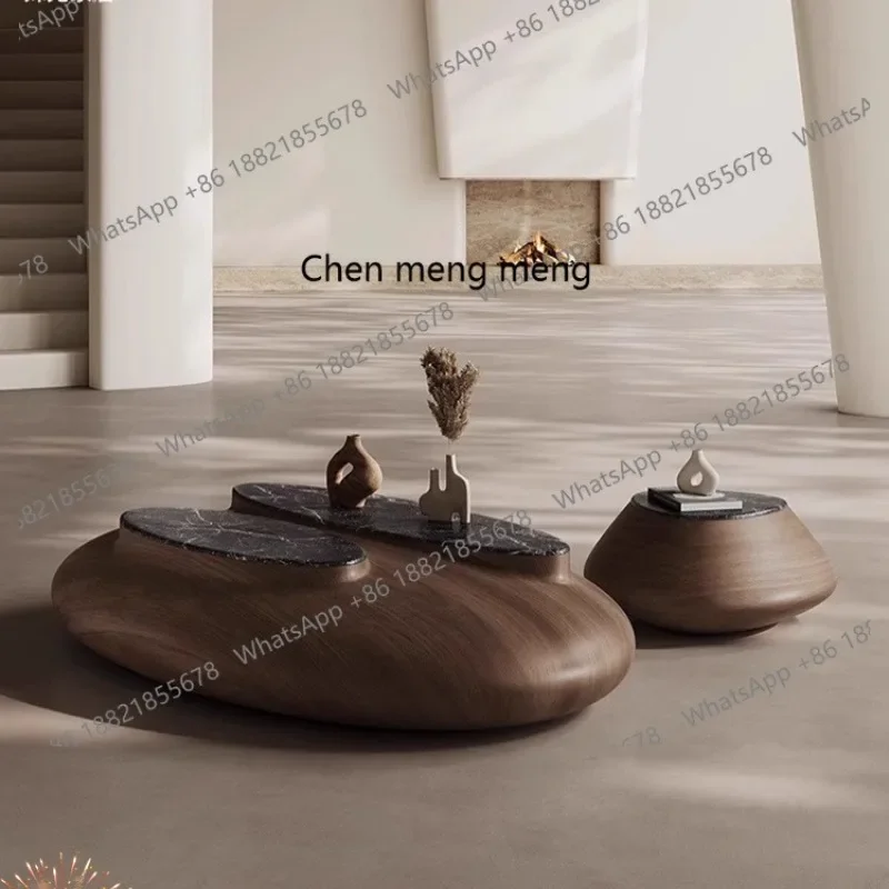 

Villa living room cobblestone coffee table antique oval walnut marble coffee table combination