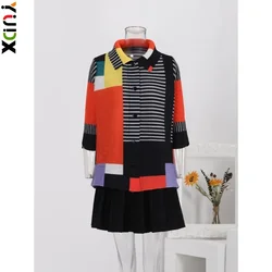 YUDX Miyake Striped Contrast Color Printed Pleated Shirt Women Lapel Single Breasted Tops Fashion 2024 New Clothing 2024