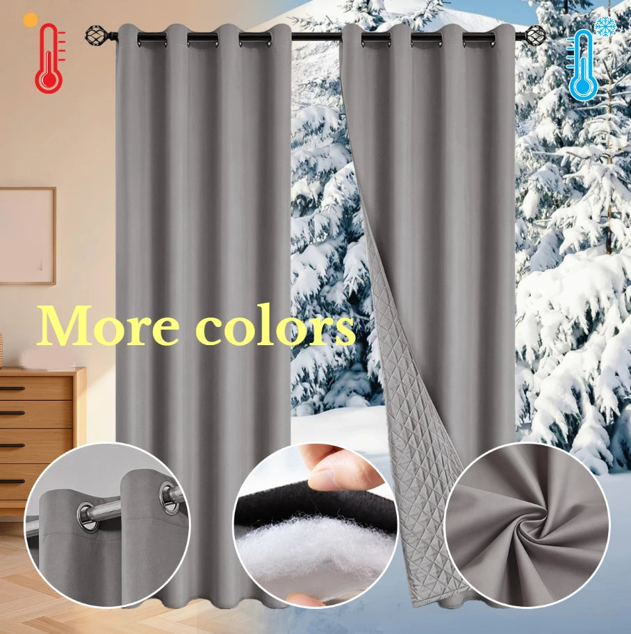 Thickened Quilted Windproof Noise-Reducing Room-Dividing Winter Custom Size Curtains for Living Dining Room Bedroom Window Decor