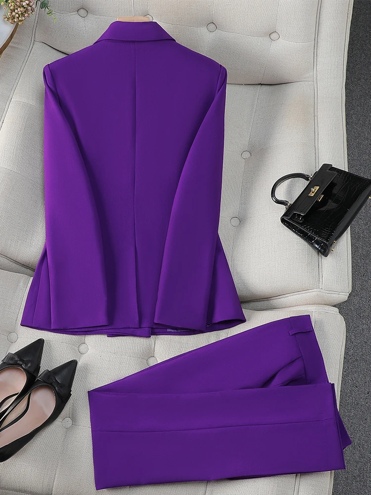 Blazer jaqueta e calças conjunto para mulheres, calça formal, desgaste do trabalho do negócio feminino, cinza e roxo, senhoras do escritório, moda,