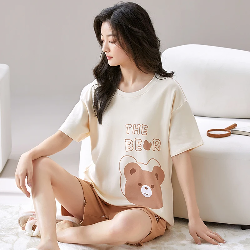 Summer Women Pajamas Set With Chest Pad Ladies Knited Cotton Sleepwear Female Cute Cartoon Leisure