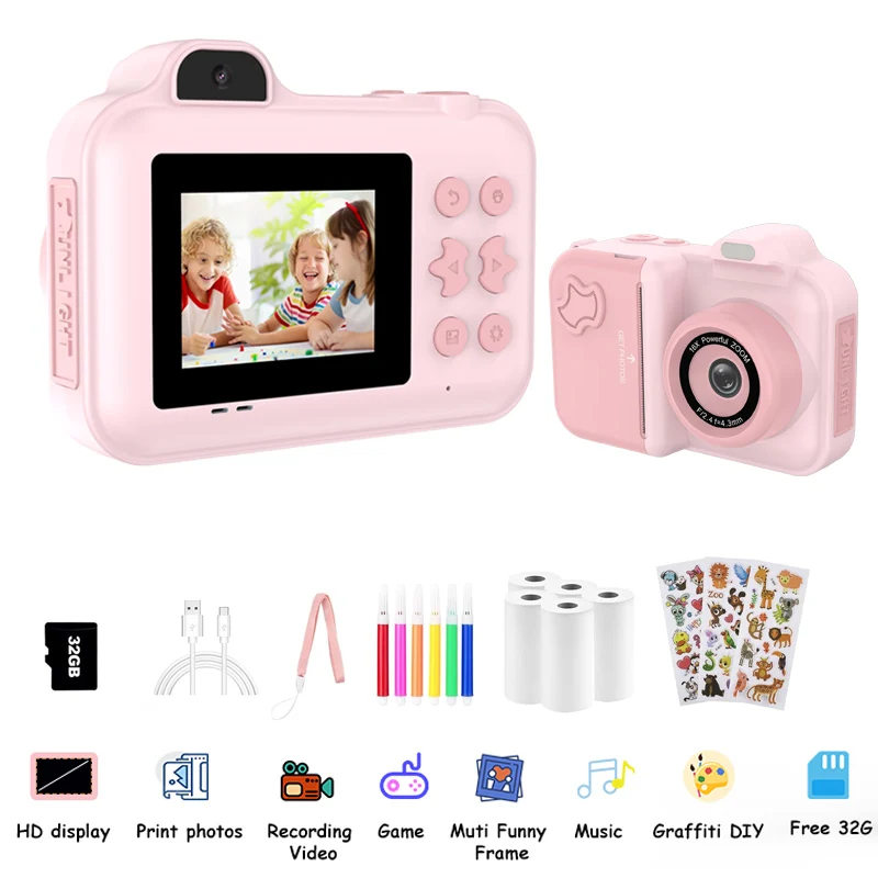 Kids Camera Instant Print Gifts Toys 1080P HD Dual-Lens Selfie Digital Camera with 5 Rolls Print Paper Stickers Pens & 32G Card