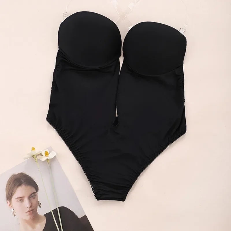 Women Shapers Underwear Backless Bodysuit Shapewear Deep V-Neck Body U Plunge Clear Strap Thong Shaper Padded Push Up Corsets image 3