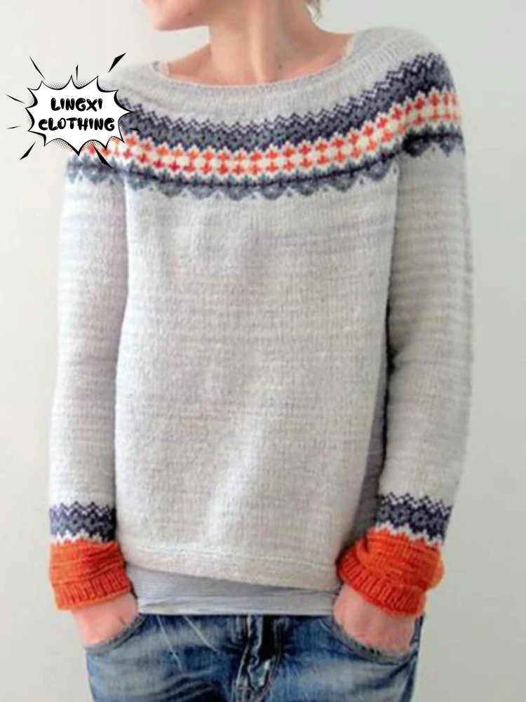 2023 Autumn/Winter Fashion Elegant Women\'s Sweater Warm and Vintage Style Printed Pattern Thickened Knitted Pullover Jumper