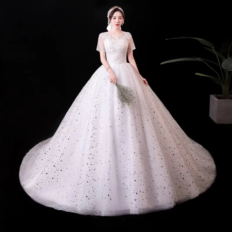 

It's Yiiya Wedding Dress White Bling Appliques V-neck Short Sleeve Lace up Floor length Plus size Princess Bride Ball Gown XN143