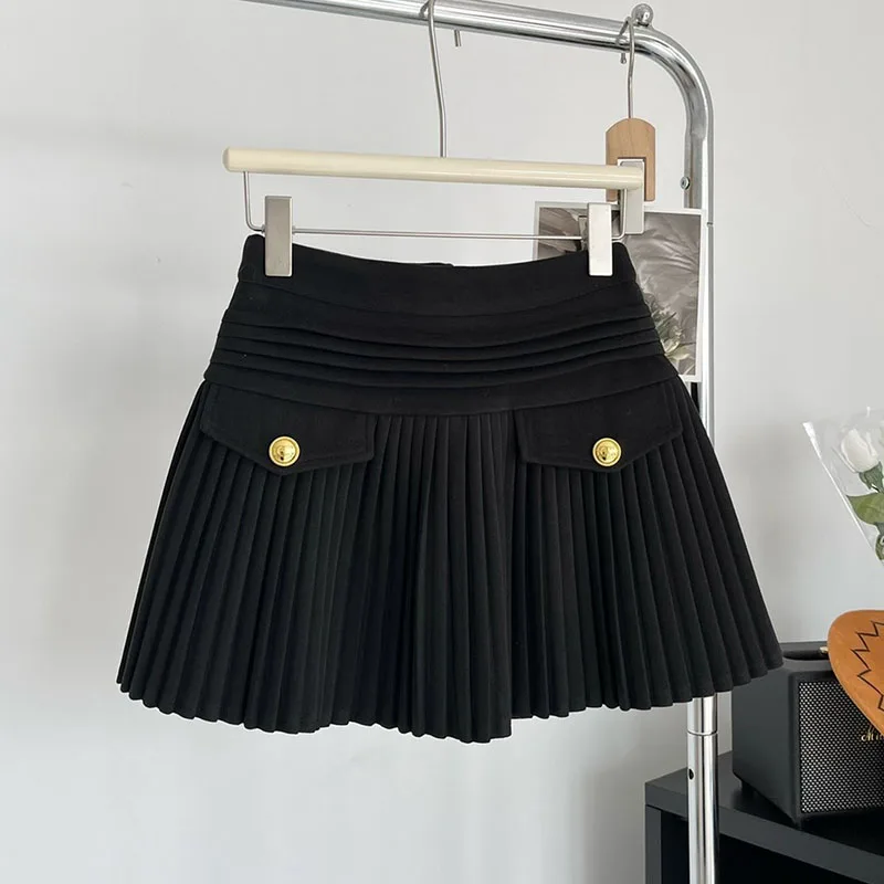 New Fashion Korean Elegant Pleated Mini Skirts Women Vintage Buttons Woolen Solid A-line High Waist Short Skirt Autumn Spring 