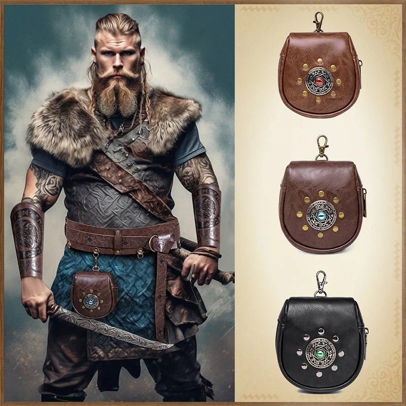 Medieval Belt Pouch Renaissance Bag PU Leather Nordic Coin Purse for Ren Faire Pirate Renaissance LARP Costume Cosplay