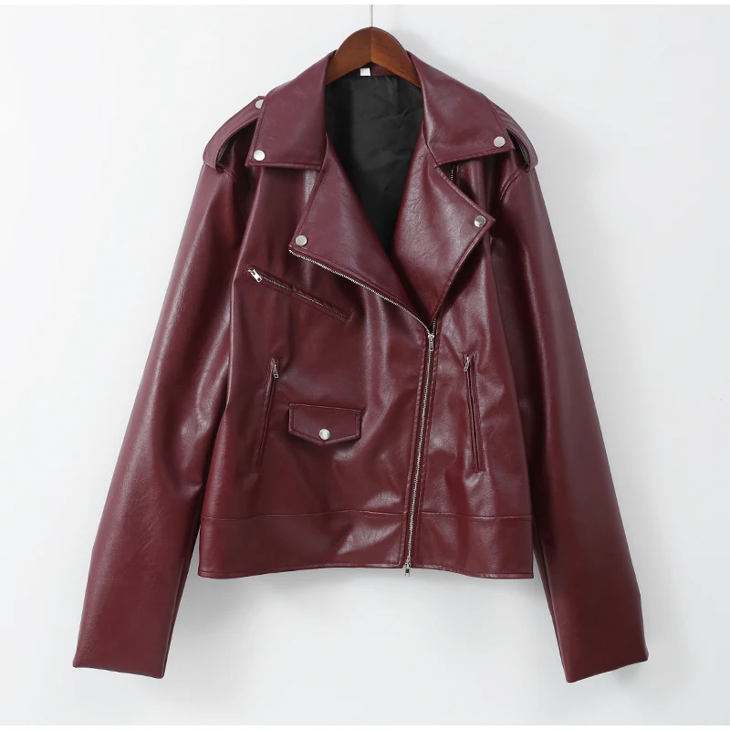 Women Solid Leather Double Zipper Motorcycle Jacket Fashion Loose Lapel Long Sleeved Pu Cropped Coats Autumn Female Streetwear