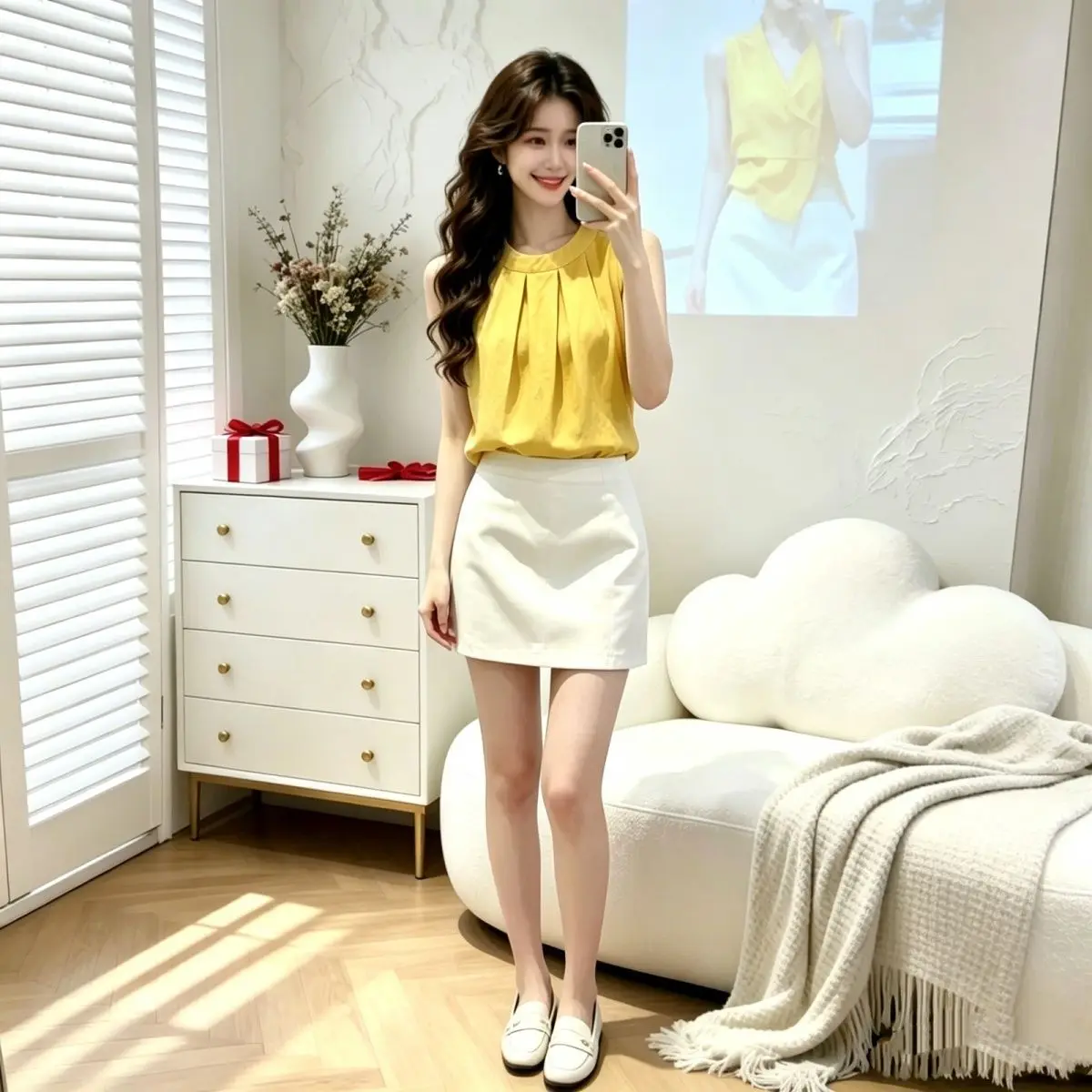 

Korean Design Pleated Neck Hanging Chiffon Vest Shirt Women Summer Loose Slimming Doll Shirt Sleeveless Top round Neck