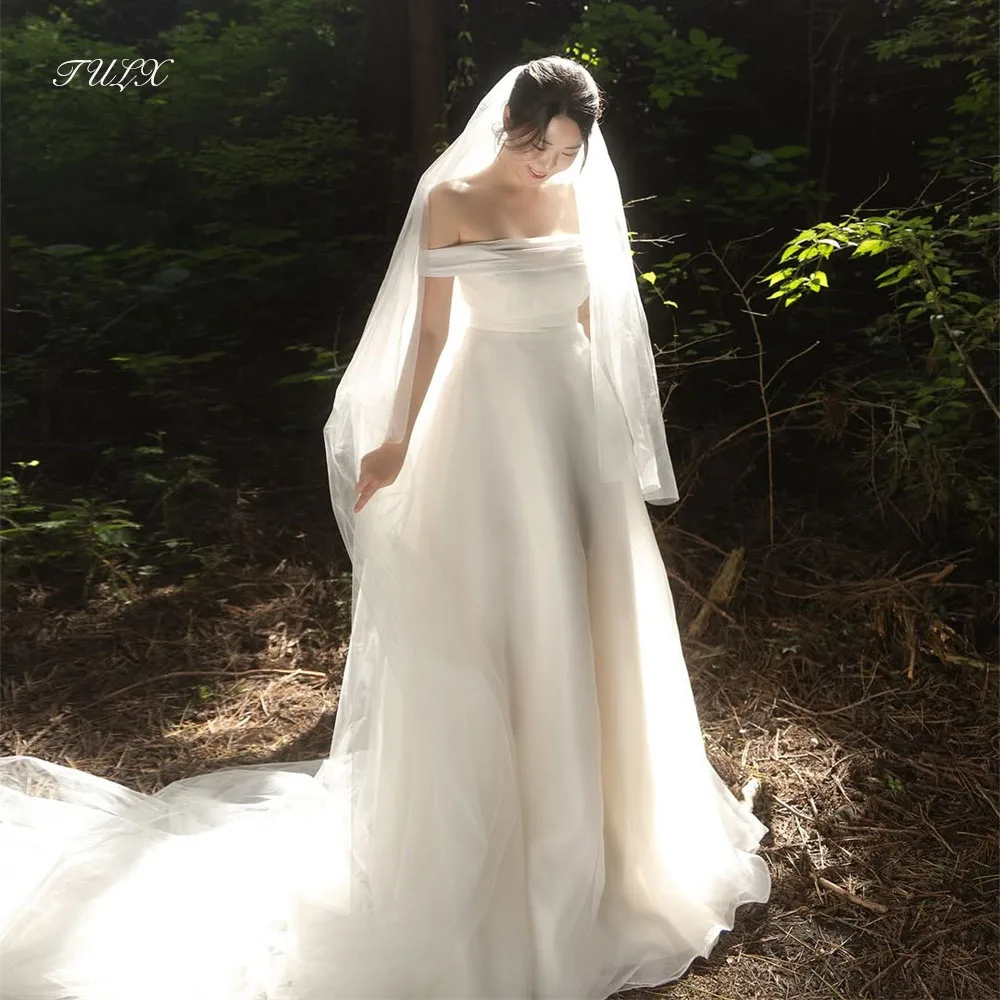 TULX Elfenbeinfarbenes Organza-Hochzeitskleid то Seznica Emma Korea Fotoshooting, trägerlos, schulterfrei, A-Linie, lange Brautkleider, Korsett, individuell gestaltet