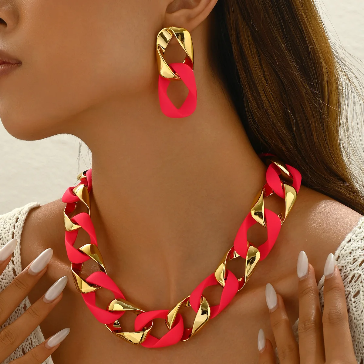 New Trendy Fluorescent Color Jewelry Set Resin Acrylic Splicing Chunky and Earrings Matte Statement Party Accessories