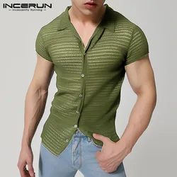 INCERUN Men Shirts 2024 Lapel Short Sleeve Mesh Transparent Hollow Out Men Clothing Streetwear Solid Color Fashion Camisas S-5XL