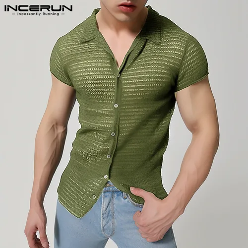 INCERUN, Camisas para hombre 2024, solapa, manga corta, malla transparente, ropa calada para hombre, ropa de calle, Camisas de moda de Color sólido, S-5XL