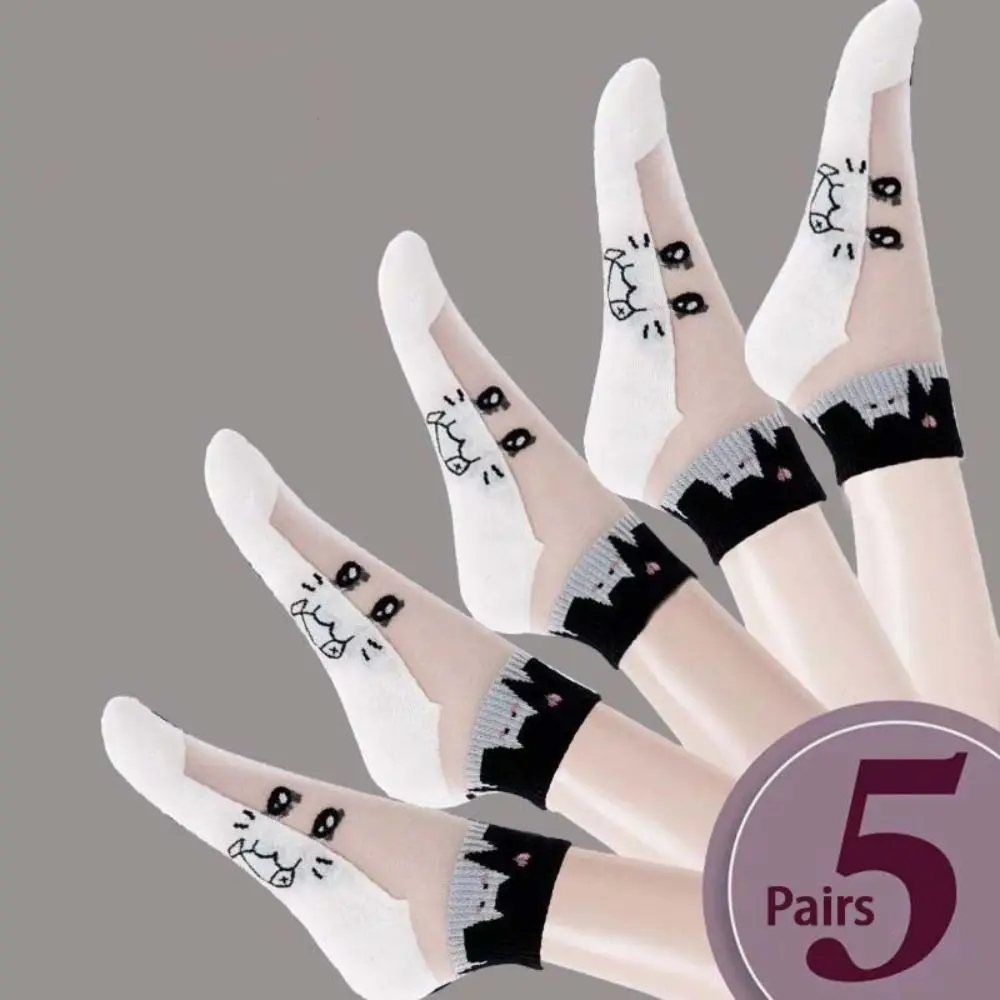 5Pairs موضة تنفس أبيض وأسود القط الجوارب امتصاص العرق رائحة برهان الجوارب القصيرة مقاومة للاهتراء جوارب رياضية