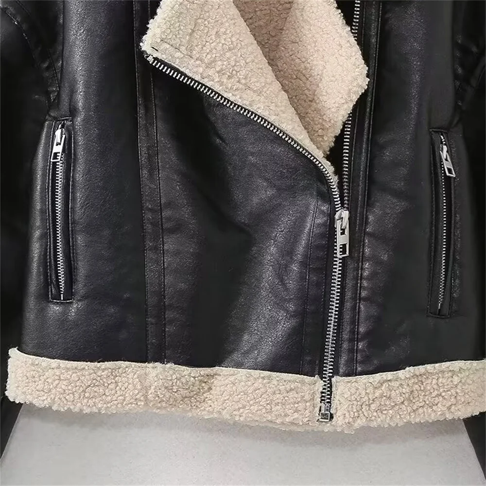TRAF Autumn new women\'s fashionable casual versatile lapel long sleeved double-sided leather jacket