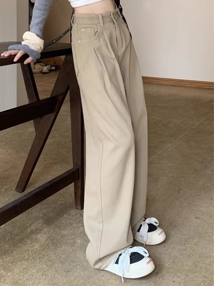 Woman Korean Straight Leg Jeans Lady High Waist Denim Wide Leg Pants Girls Khaki Retro Blue Light Blue Gray White Loose Trousers