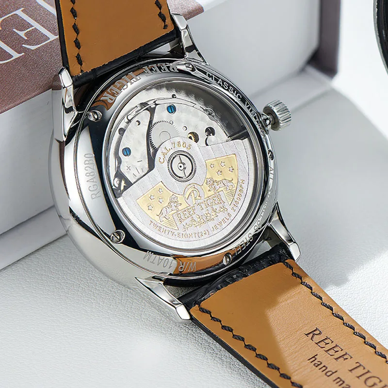 Reef Tiger/RT 10MM ultra-thin Men Watch Sapphire Glass Waterproof 50M Automatic Mechanical Watches Watch Luminous Date Clock