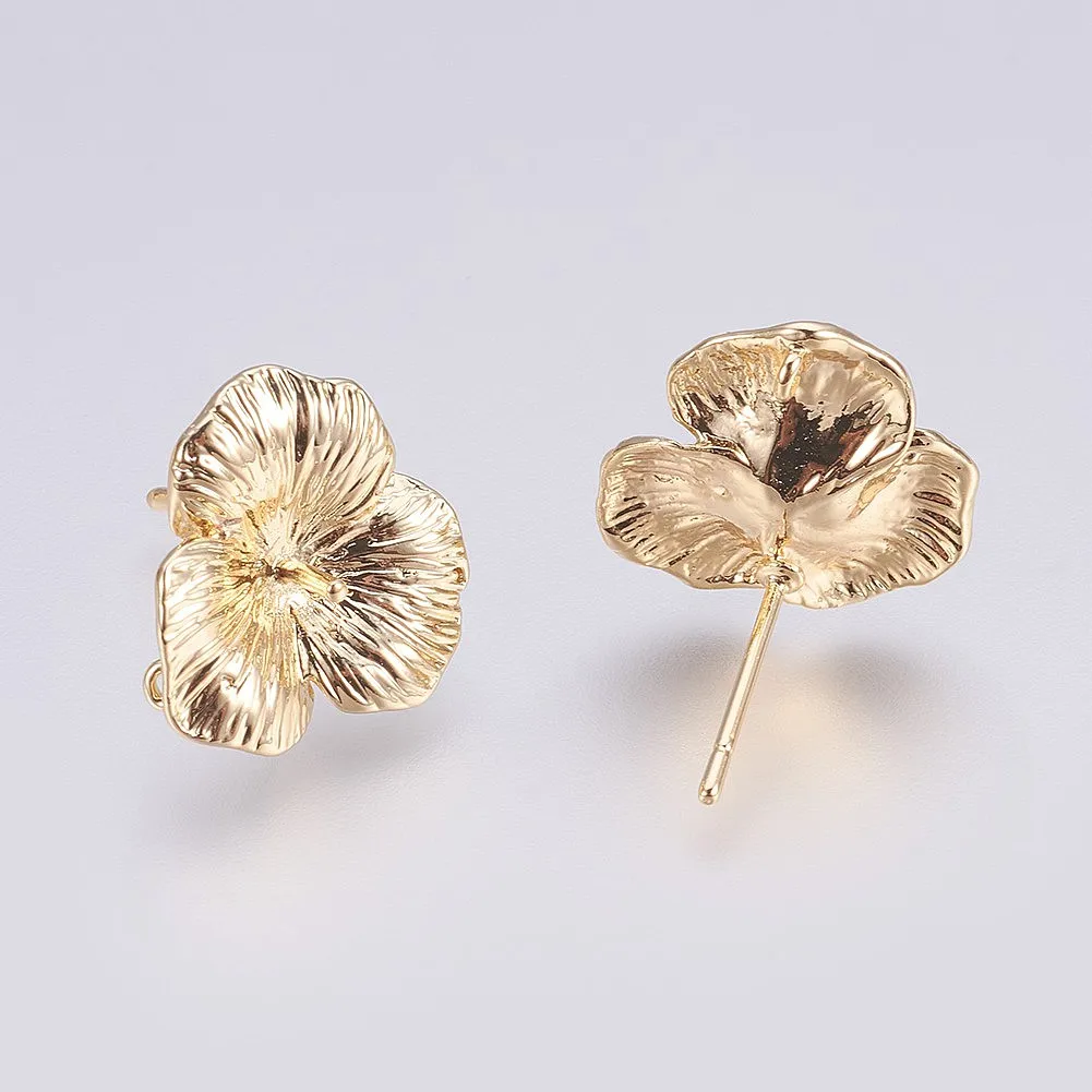 10pcs Brass Flower Stud Earrings Findings Real 18K Gold Plated with Loop for Jewelry Making Earring Accessories 16x3mm Pin 0.8mm