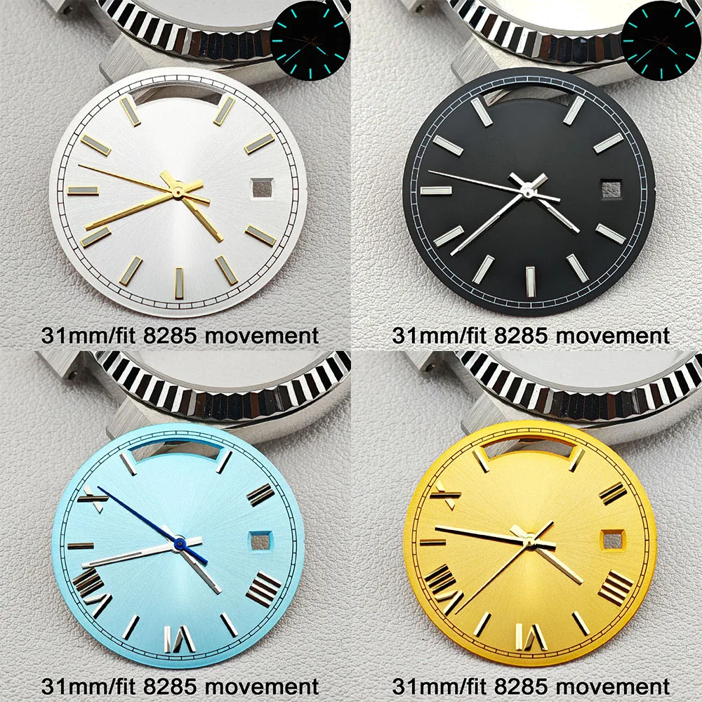 31mm ダイヤル ミヨタ 8285 ムーブメントに適しています ダイヤルとポインターは上向きで、デュアルカレンダーダイヤル ブルーグリーン夜光時計アクセサリー