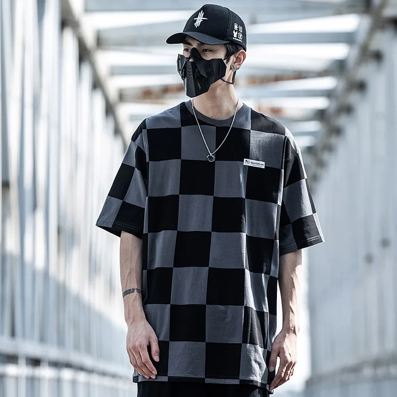 Hip Hop Plaid T-shirt Men 2022 Summer Creative Print Tactical Tshirts Loose T Shirts Tees Tops Black Streetwear WB696