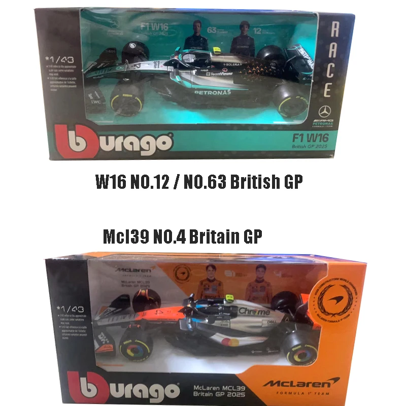 

Bburago 1:43 McLaren F1 MCL39 2025 Гран-при Великобритании, литая модель гоночного автомобиля F1 2025 года, игрушка, Mercedes W16 №12 / №63, Гран-при Великобритании