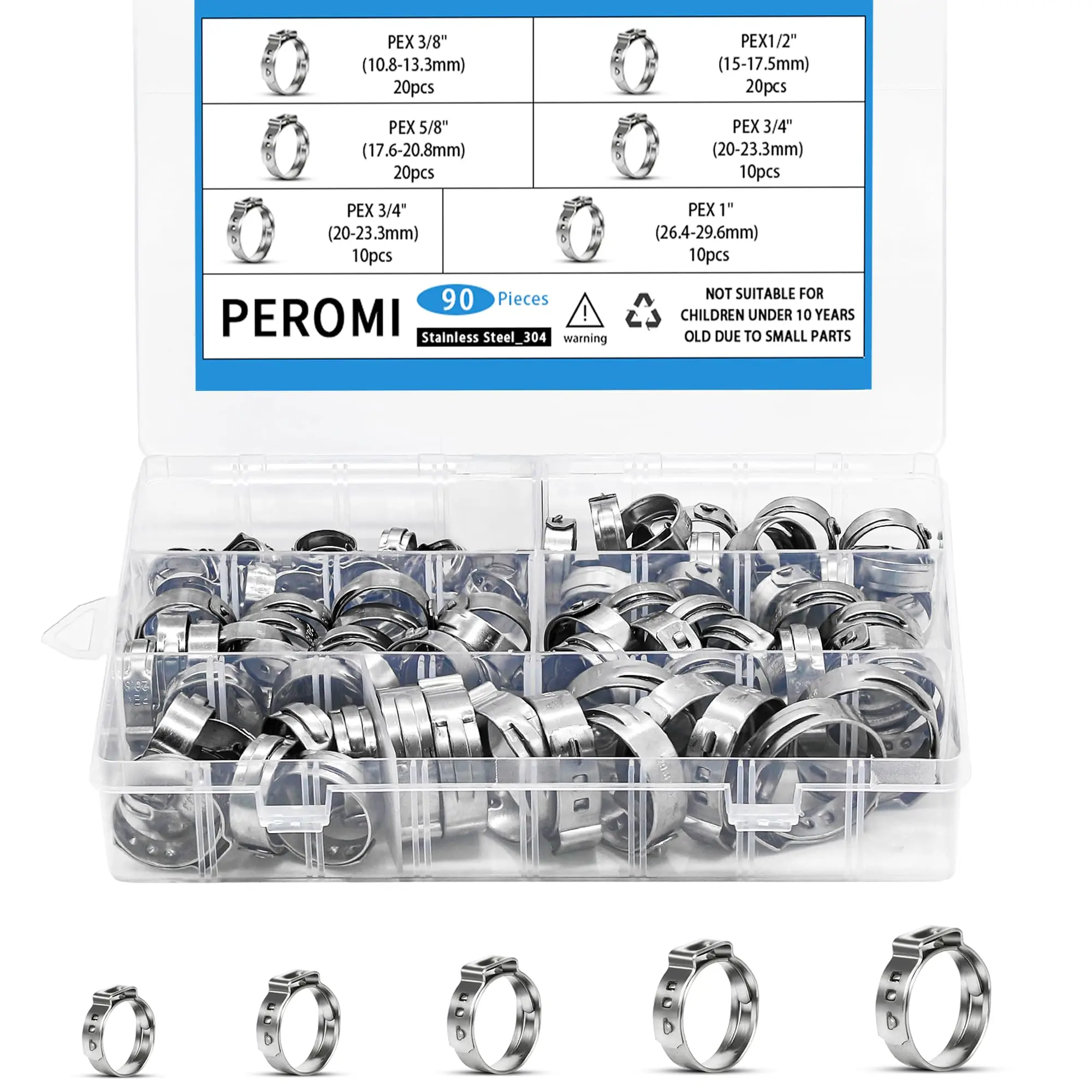 90PCS Pex Cinch Clamp Rings Assortment Kit Single Ear Hose Clamps 3/8-1 Inch 304 Stainless Steel Crimp Rings for PEX Tubing Pipe