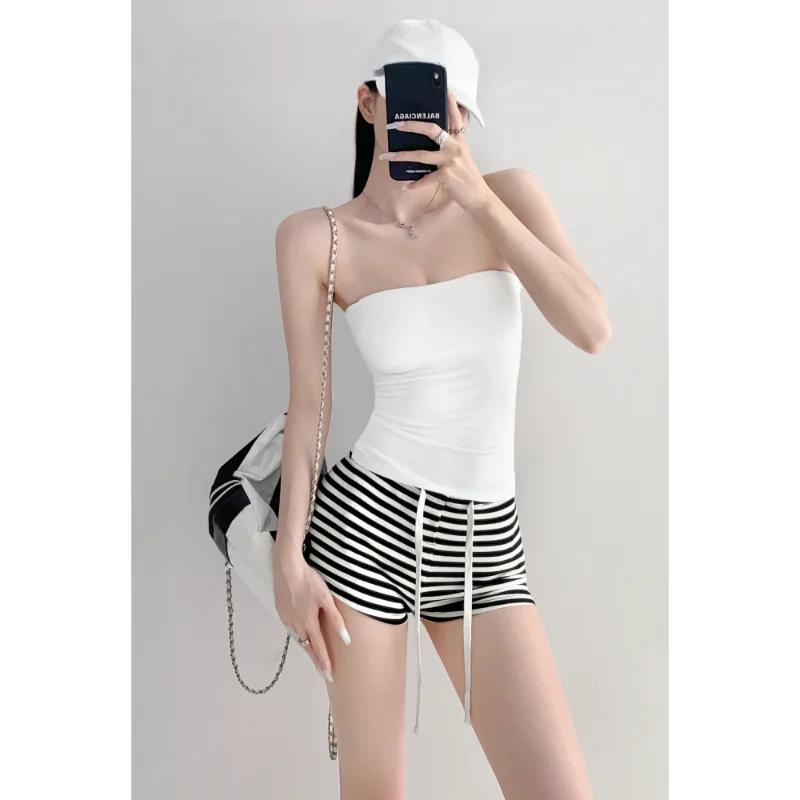 Sexy American Style Sleeveless Shoulder Bared Chest Wrap Top Women's Short Tight Elastic Strapless Vest for Casual Wear