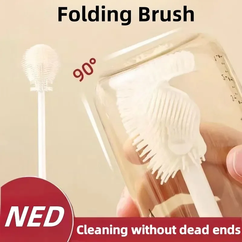 New Silicone Cup Brush Folding Brush Head Long Handle Cup Scrubber White Kitchen Cleaning Tool Feeding Bottle