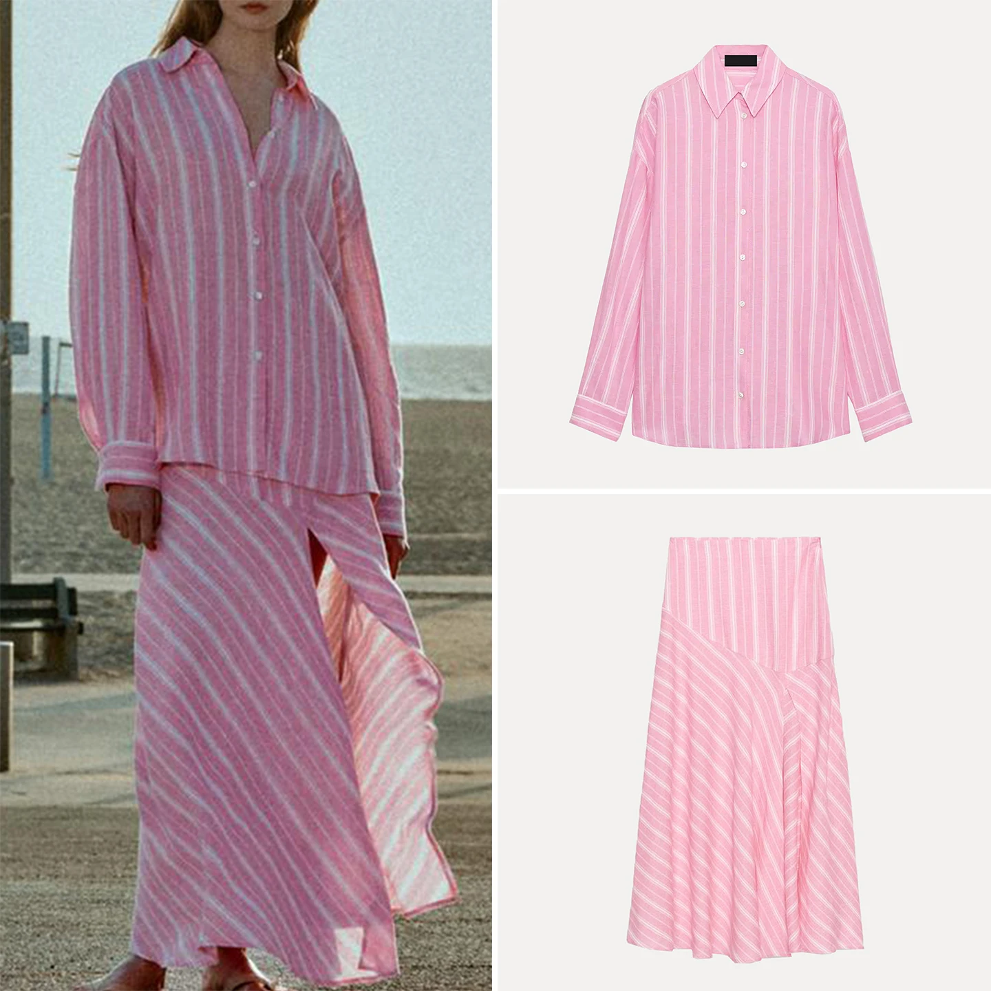 

Women's Long Sleeve Striped Midi Skirt And Shirt Set Loose Fit Classic Collar Spring Fashion Ensemble ZADATA Brand
