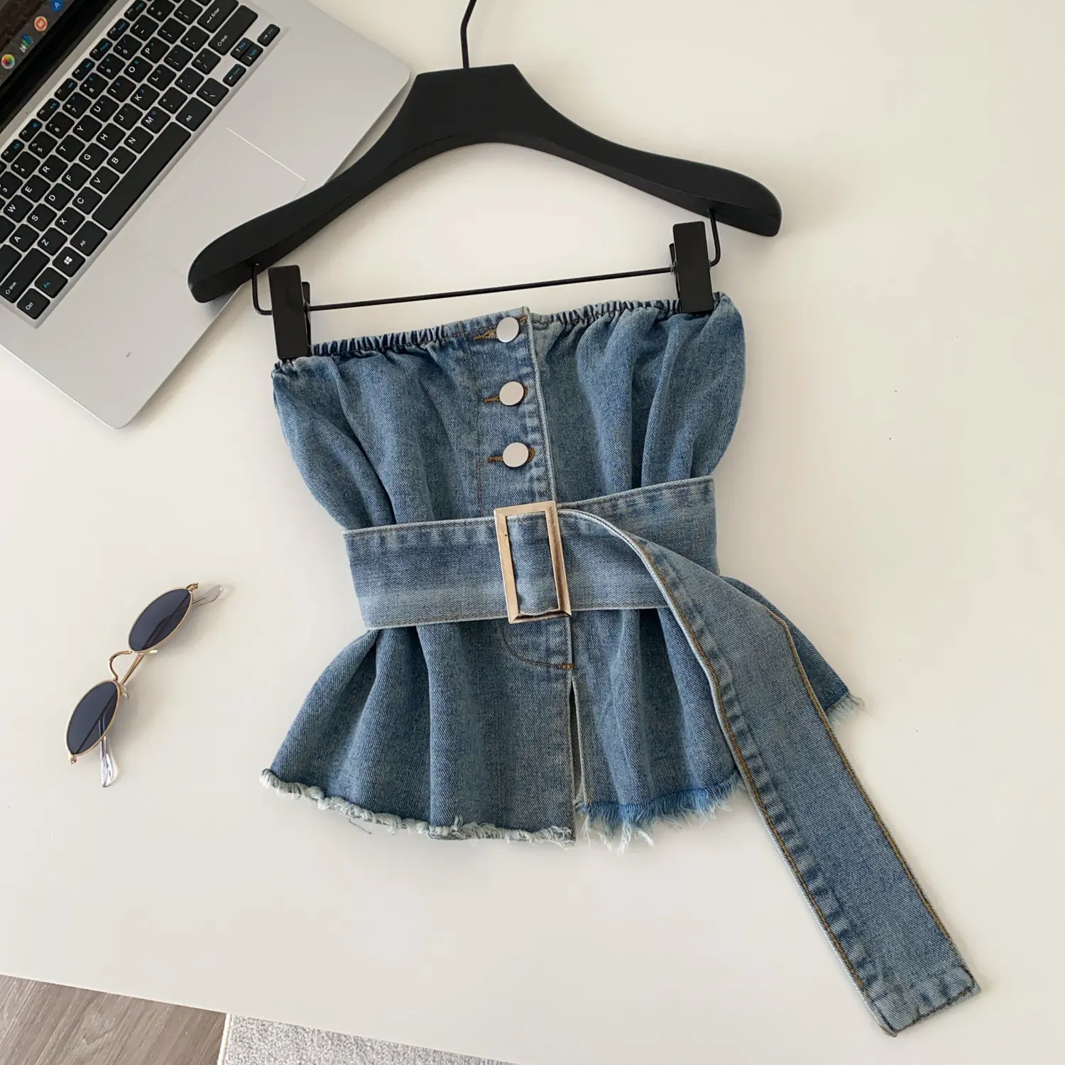 

Women Denim Bodice Solid Belted Tank Tops Fringe Sleeveless Single Breasted Thin Slim Office Lady Elegant Casual 2026 Summer