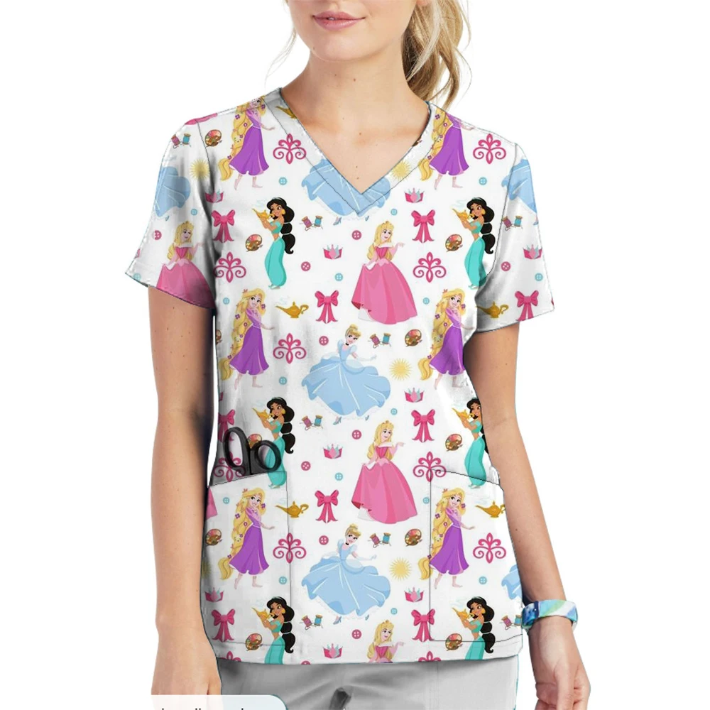 Medico Surgical Uniforms Women Short Sleeve Disney Princess print Pockets Dental Women Nurse Scrubs Beauty Therapy Medical Unifo