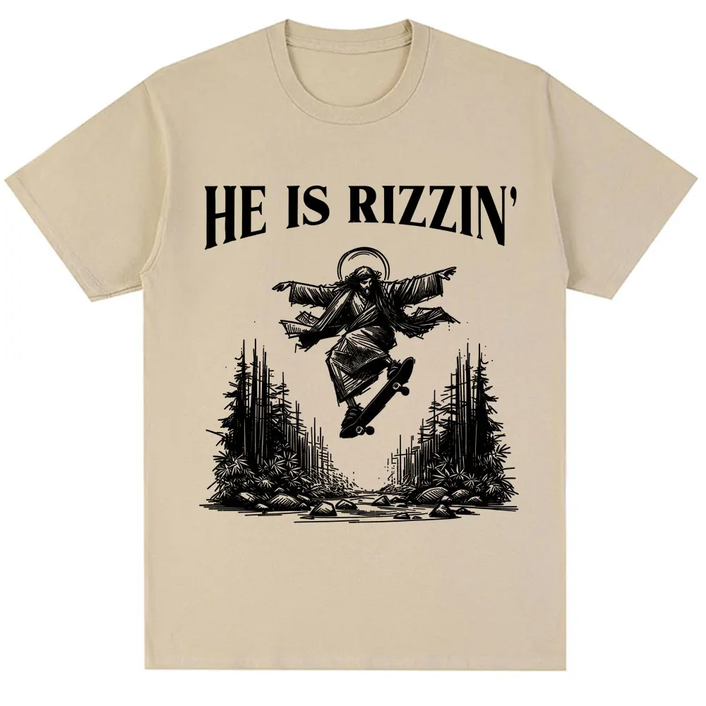 Vintage Funny He Is Rizzin Meme T Shirt Jesus Skateboarding T Shirts Men Women Christian Religious Loose Cotton Tee Shirts Gifts