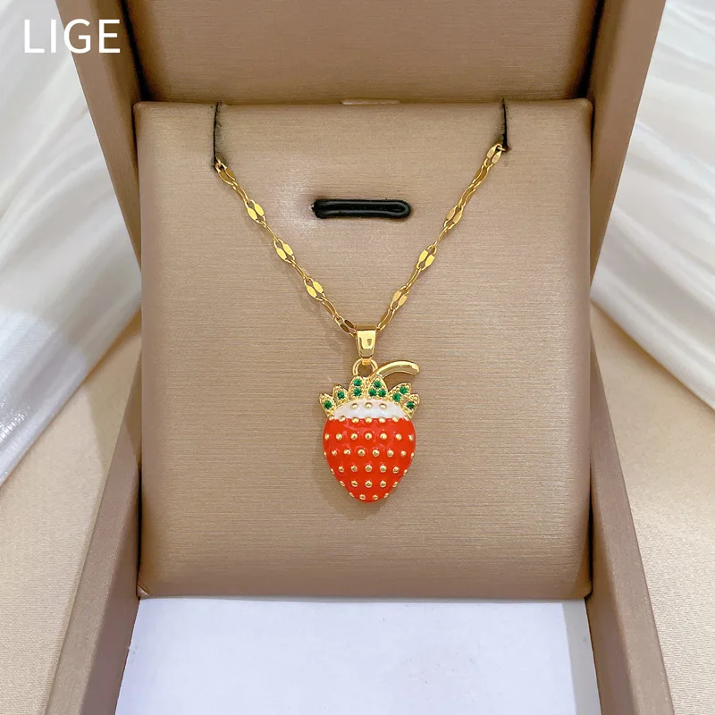 Sweet Cute Red Strawberry with Zircon Necklaces for Women Girls Stainless Steel Chain Fruit Jewelry Accessories Gifts for Lover
