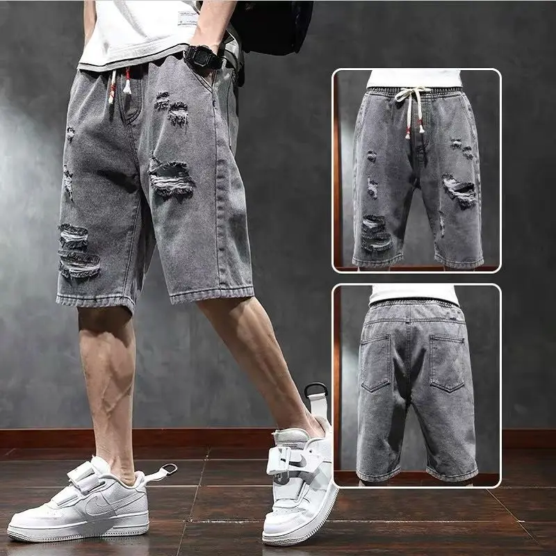 

New Ripped Denim Shorts for Men Summer Thin Style Fashionable Elastic Waist Light Color Versatile Loose Five-minute Pants