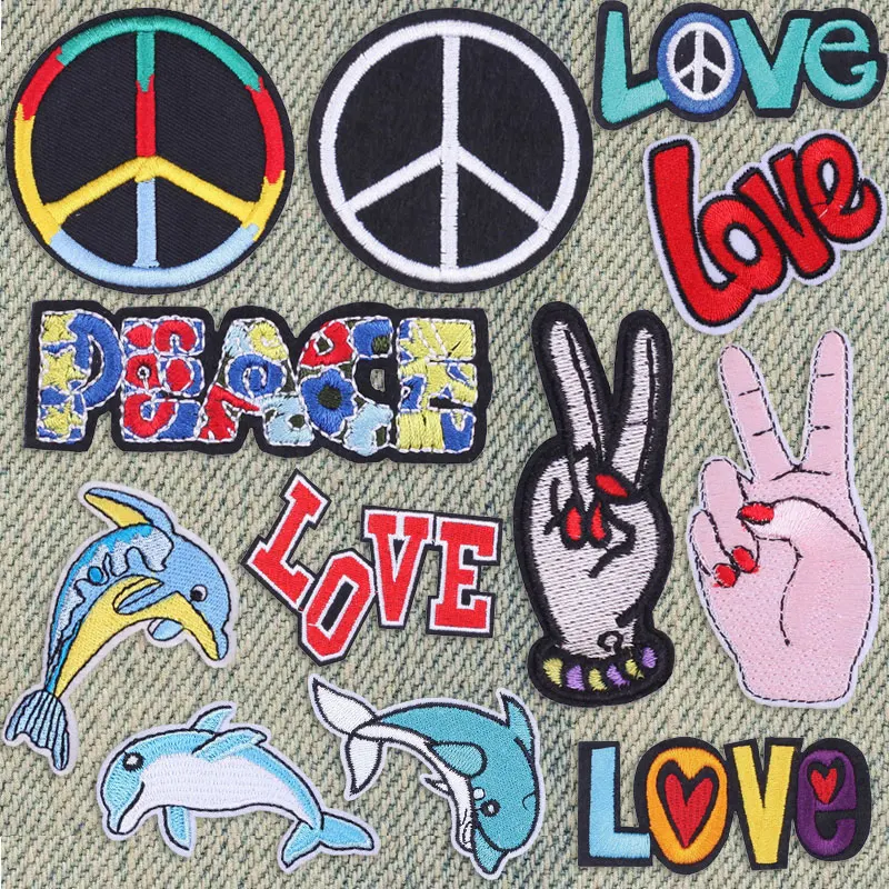 Hippie Embroidered Patches for Clothing Thermoadhesive Patches Peace Sign Badges Love Letter Sewing Applique for Clothes T-shirt